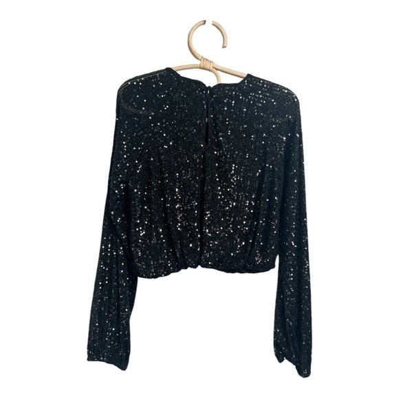 H&M‎ Black Bubble Hem Oversized Long Sleeve Crop Sequins Top NEW Size XS - Picture 4 of 15